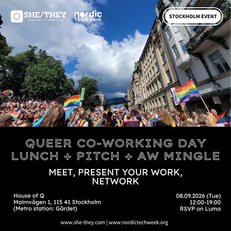 Cover Image for SHE/THEY Club Stockholm Queer Co-working day - Lunch + Pitch + AW mingle