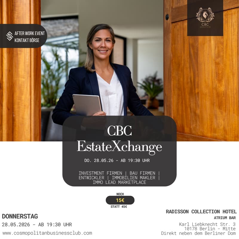 Cover Image for EstateXchange - AFTER WORK EVENT - EARLY BIRD TICKET - Real Estate Makler - Baufirmen & Investmentfirmen - Projektentwickler-Letting