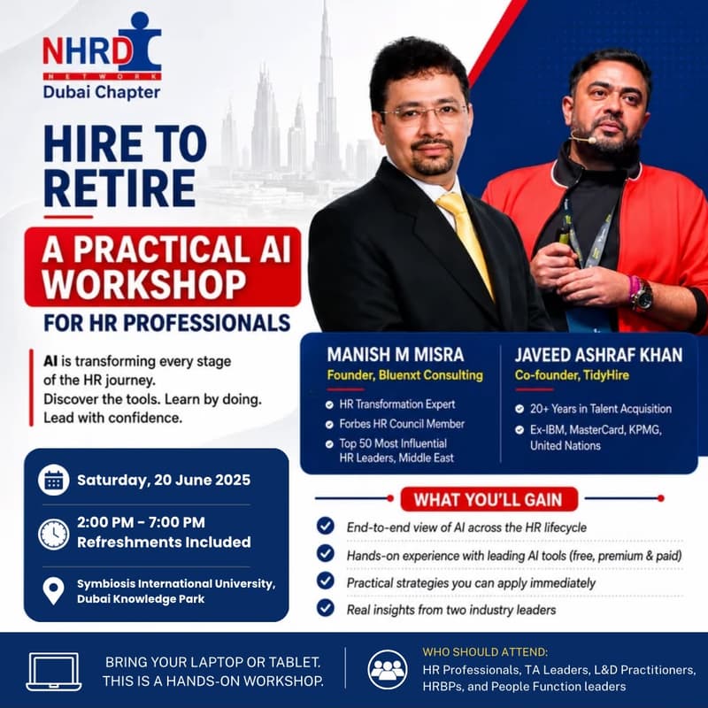 Cover Image for NHRDN DXB Exclusive Workshop: Hire to Retire - A Practical AI Workshop for HR Professionals
