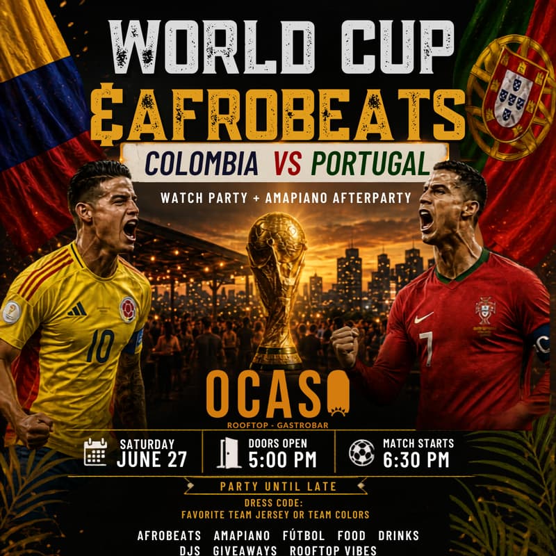 Cover Image for World Cup & Afrobeats: Colombia vs Portugal Watch Party + Amapiano Afterparty