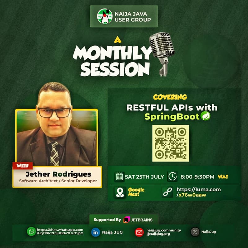 Cover Image for RESTFUL APIs with SpringBoot. Monthly Session with Jether Rodrigues