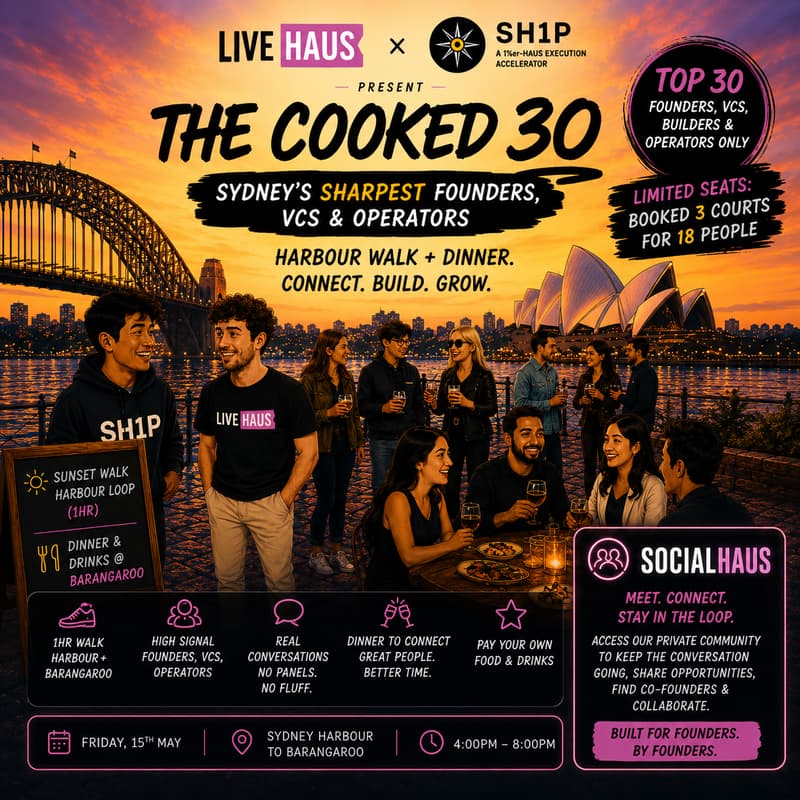 Cover Image for LiveHaus x SH1P: The Cooked 30 – Harbour Walk + Dinner (Founders, VCs, Operators Only)