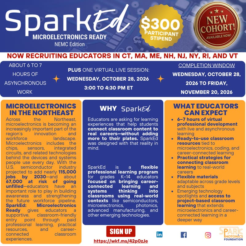 Cover Image for SparkEd Microelectronics Teacher Training Workshop ($300 Stipend Available)