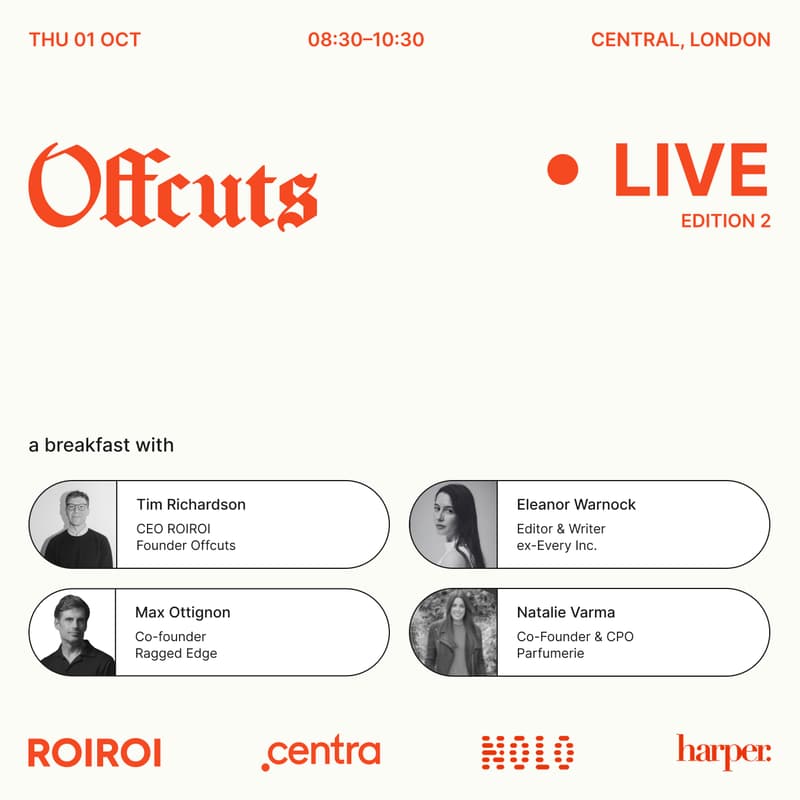 Cover Image for Offcuts Live - a breakfast with Tim Richardson, Eleanor Warnock, Max Ottignon & Natalie Varma