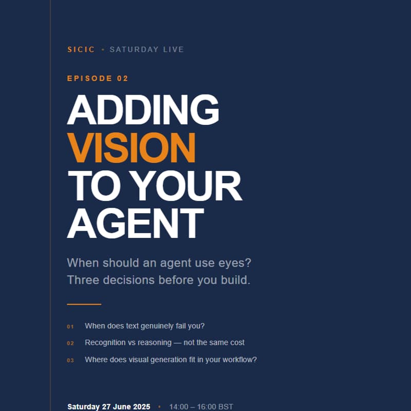 Cover Image for SICIC 2026 Saturday Live Episode 2: Architecture Design & MVP and Adding Vision to Your Agent: Three Questions Before You Build!