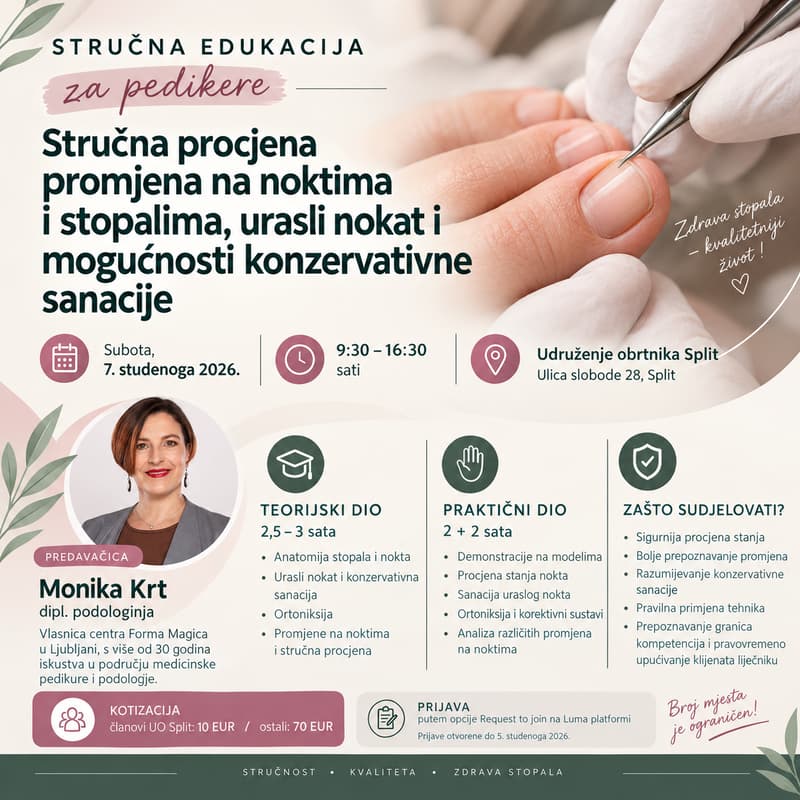 Cover Image for Stručna edukacija za pedikere: Promjene na noktima i stopalima, urasli nokat i konzervativna sanacija | Monika Krt