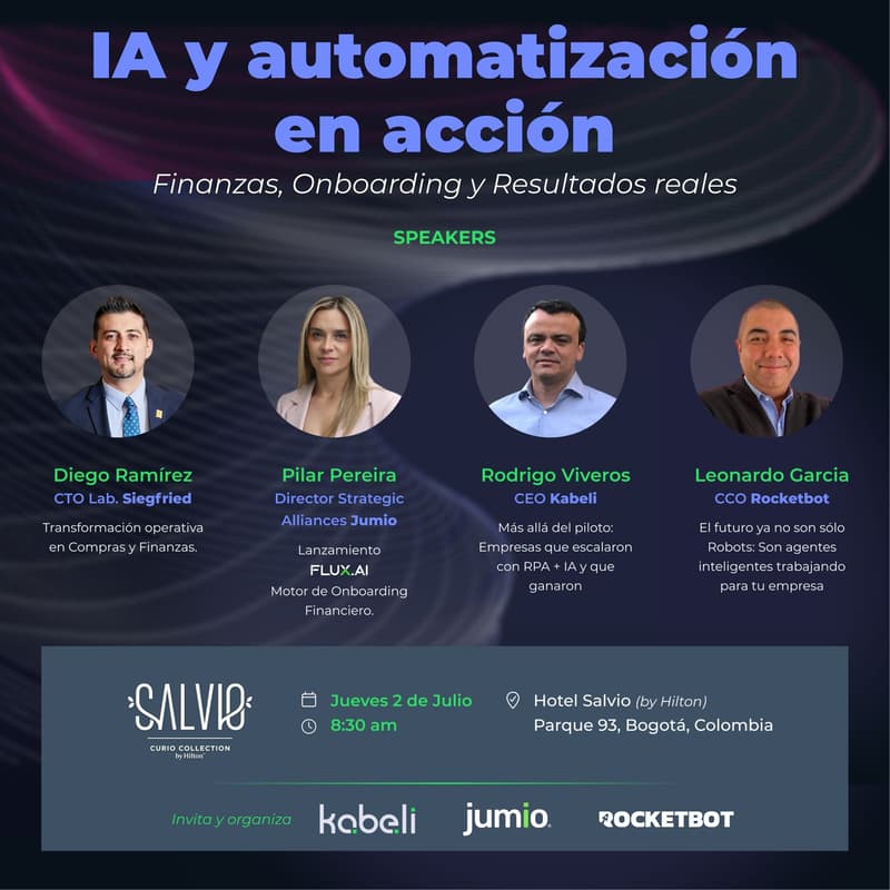 Cover Image for IA + Automatización en acción: Finanzas, Onboarding y Resultados reales. Invitan y Organiza: Kabeli, Jumio & RocketBot