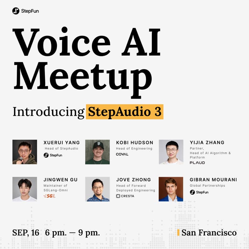 Cover Image for Voice AI Meetup: StepAudio 3 Launch ft. PLAUD, Cresta, Coval & SGLang