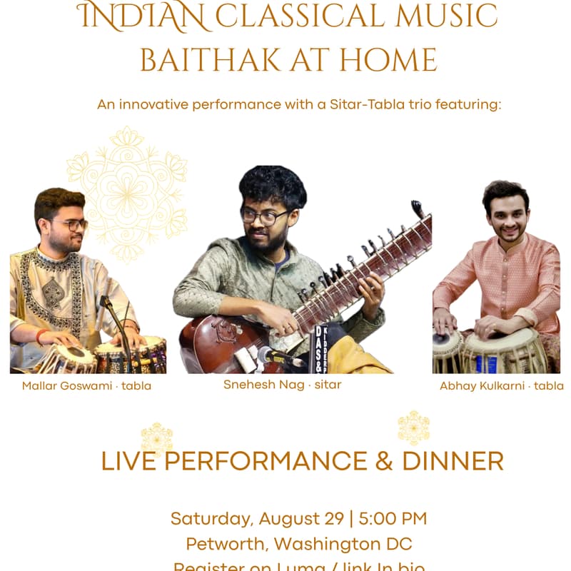 Cover Image for Indian Classical Music Baithak at Home (Live Performance + Dinner) — Summer Edition