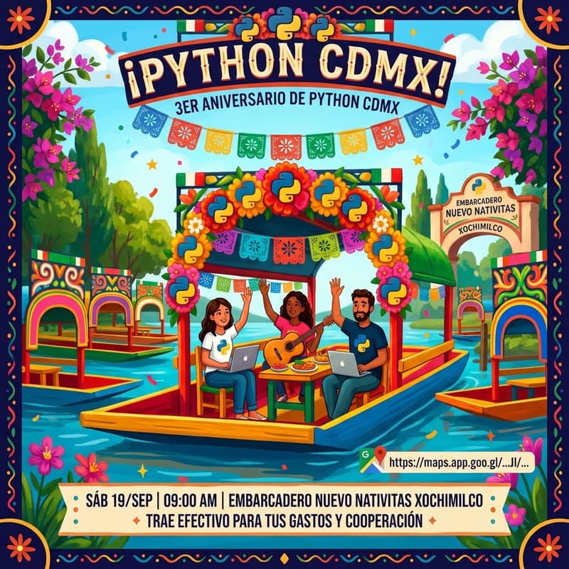 Cover Image for 3 años de Python CDMX: PyTrajineras, convivencia en Xochimilco