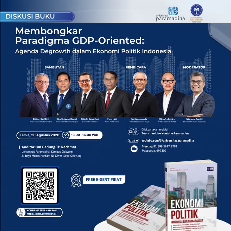 Cover Image for Diskusi Buku: Membongkar Paradigma GDP-Oriented: Agenda Degrowth Dalam Ekonomi Politik Indonesia