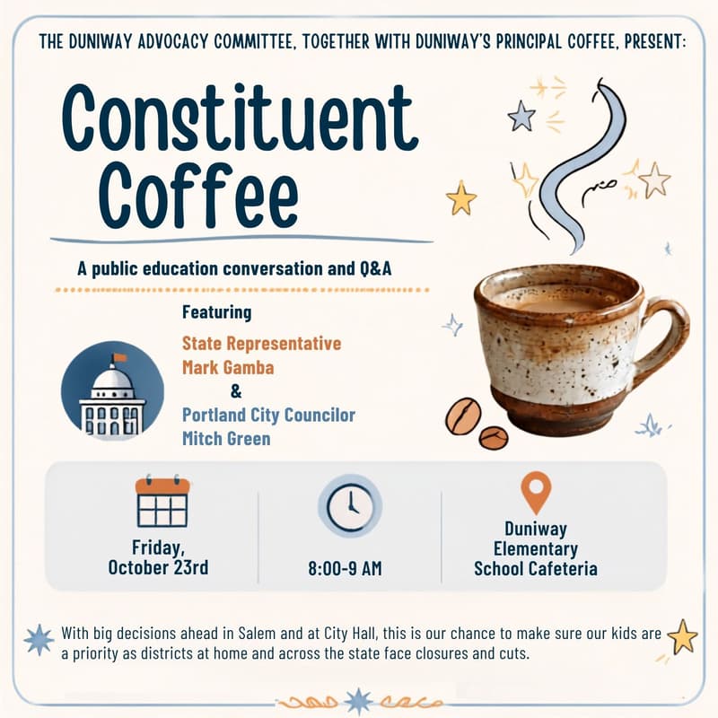 Cover Image for Duniway Constituent Coffee with Rep. Mark Gamba and Portland City Councilor Mitch Green