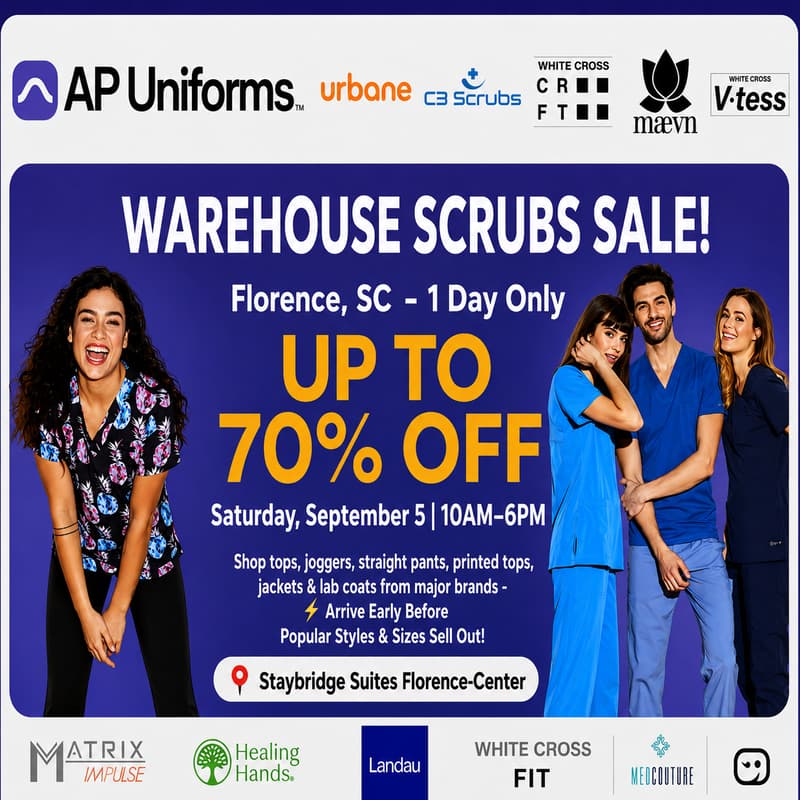 Cover Image for SCRUBS & UNIFORMS WAREHOUSE SALE – UP TO 70% - Florence, SC - Saturday, September 5 | 10AM – 6PM