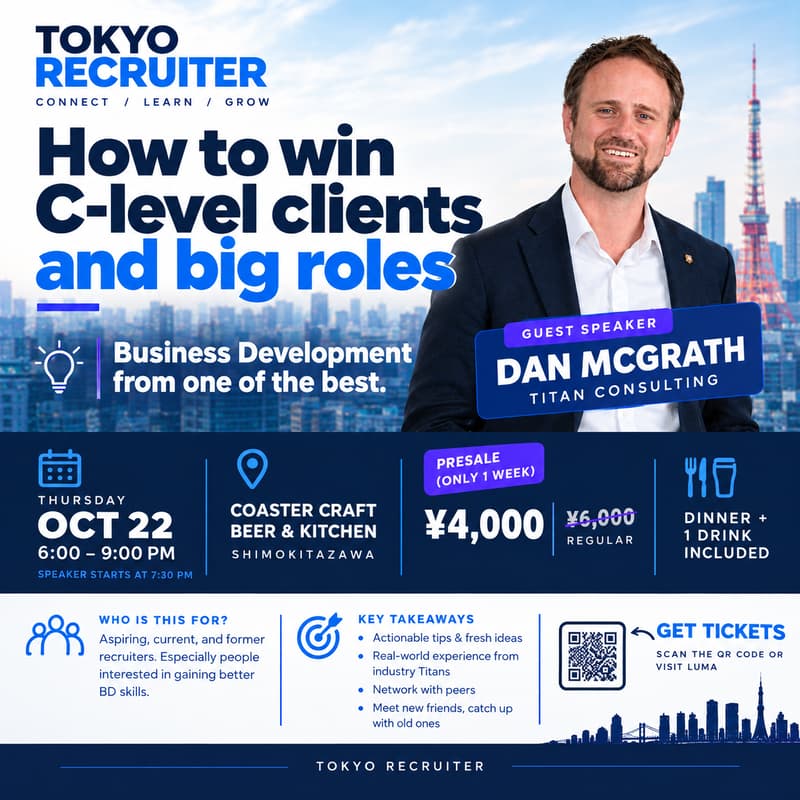 Cover Image for Tokyo Recruiter Meetup 6.0 : Biz Dev insights, Win New Clients Without the Cold Messages