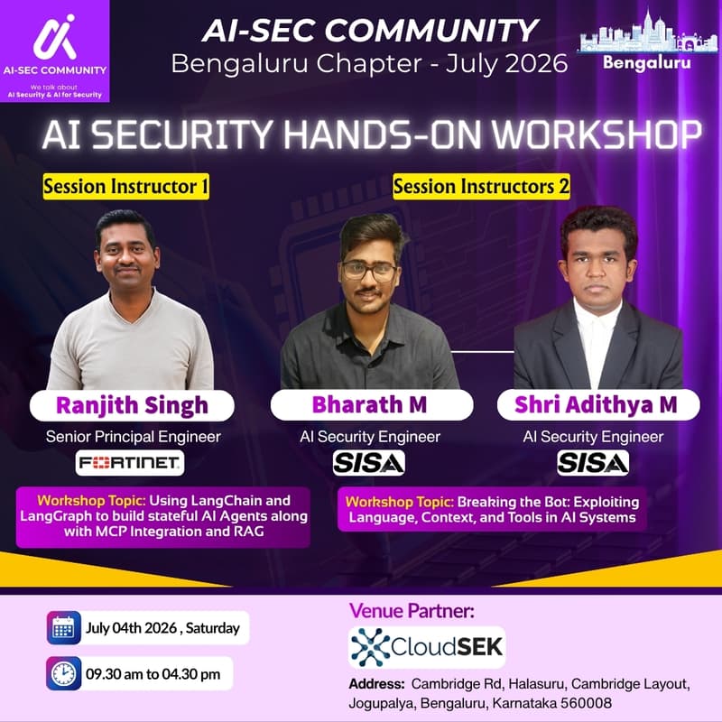 Cover Image for AI-SECURITY WORKSHOP - Bengaluru Chapter ( July 2026 )