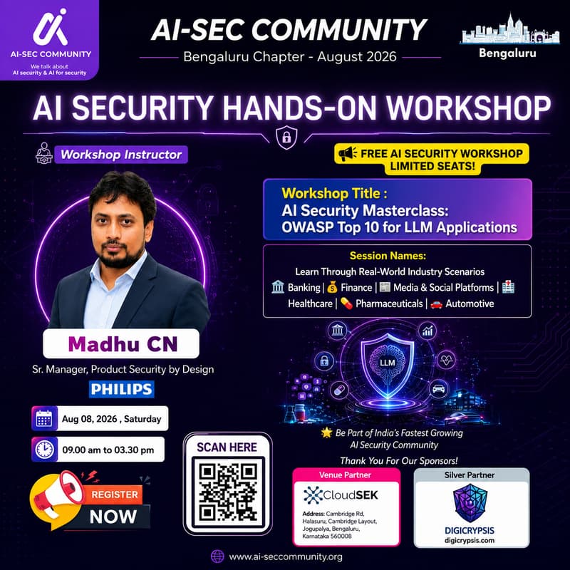 Cover Image for AI- SEC COMMUNITY AI-SECURITY WORKSHOP - Bengaluru Chapter ( August 2026 )