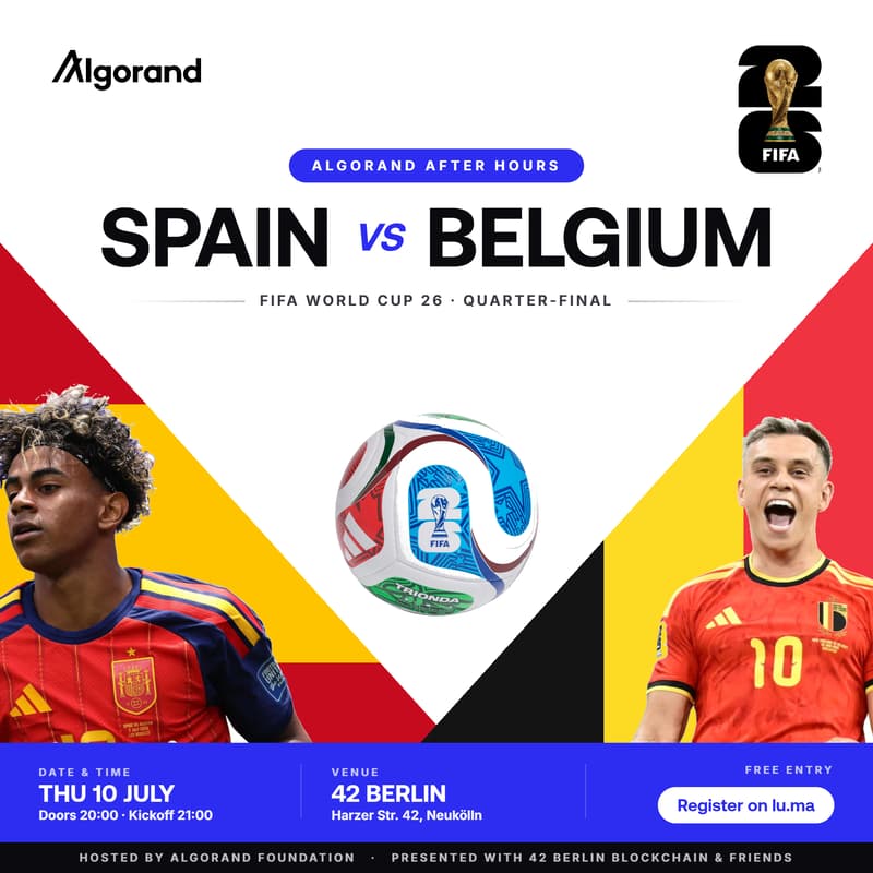 Cover Image for Algorand After Hours: Spain vs Belgium World Cup Football Screening, Drinks & Berlin Vibes
