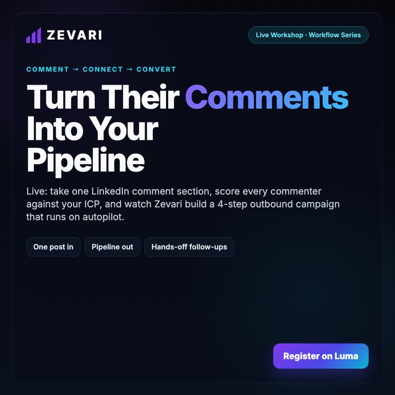 Cover Image for Turn Their Comments Into Your Pipeline — The LinkedIn Outbound Loop in Zevari (Live Workshop)