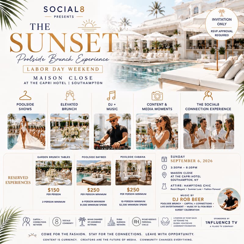 Cover Image for LABOR DAY POOLSIDE SUNSET FAMILY OFFICE BRUNCH EXPERIENCE. Capital • Connections • Community • Entertainment