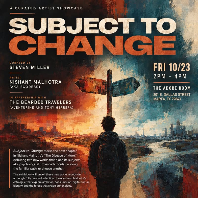 Cover Image for Subject to Change at "The Adobe Room" curated by Steven Miller presented by The Bearded Travelers (Aventurine and Tony Herrera)