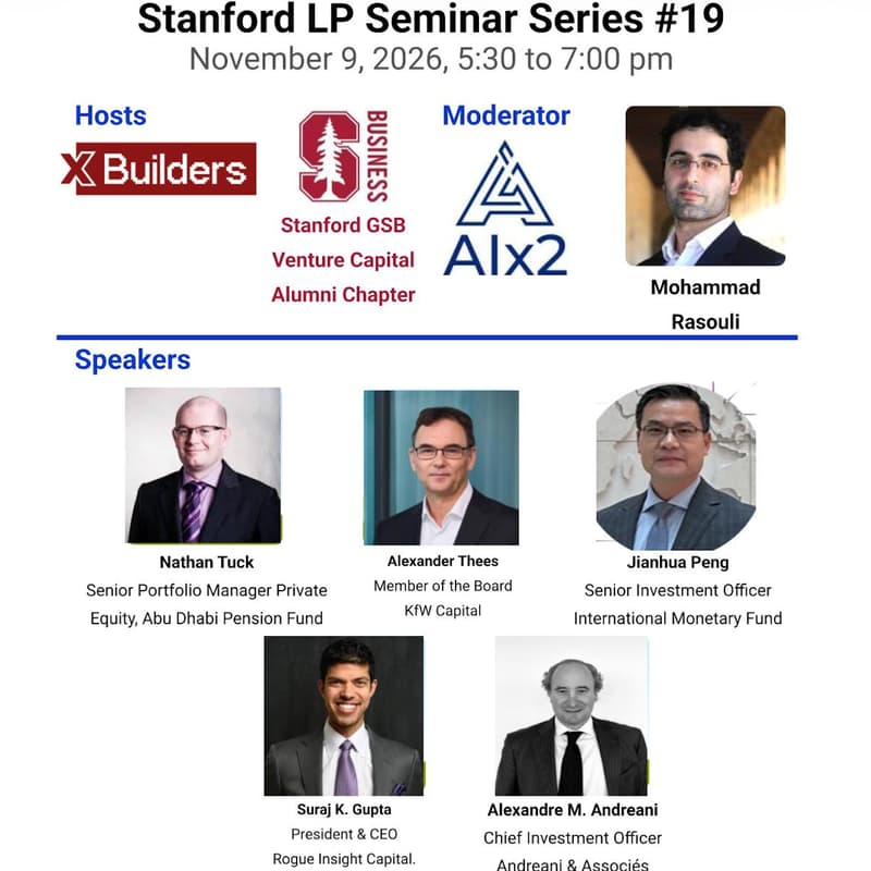 Cover Image for Stanford LP Seminar Series #19 (KfW Capital; Rogue Insight Capital; Abu Dhabi Pension Fund; Andreani & Associés; IMF)