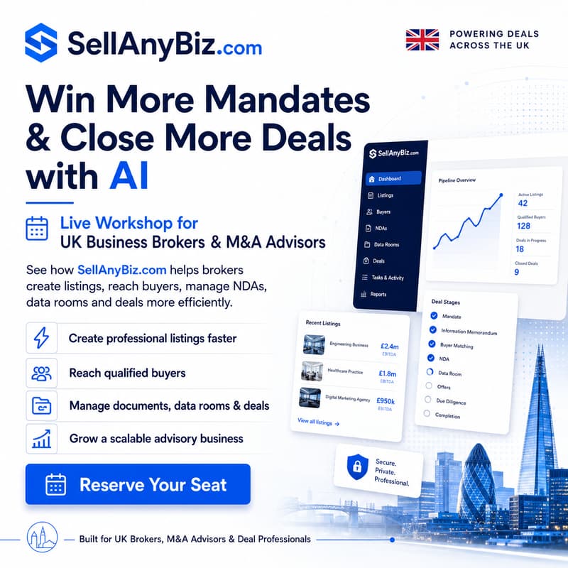 Cover Image for Win More Mandates. Reach More Buyers. Close More Deals with AI. A 45-minute live workshop for UK business brokers and M&A advisors, powered