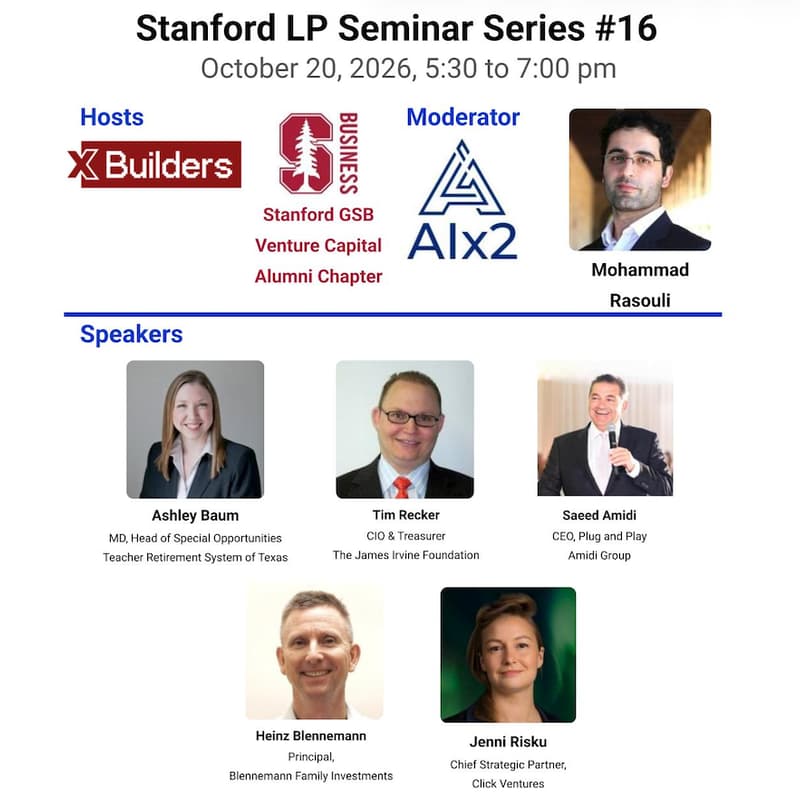 Cover Image for Stanford LP Seminar Series #16 (Texas TRS, James Irvine Foundation; Plug and Play; Blennemann Family; Click Ventures)