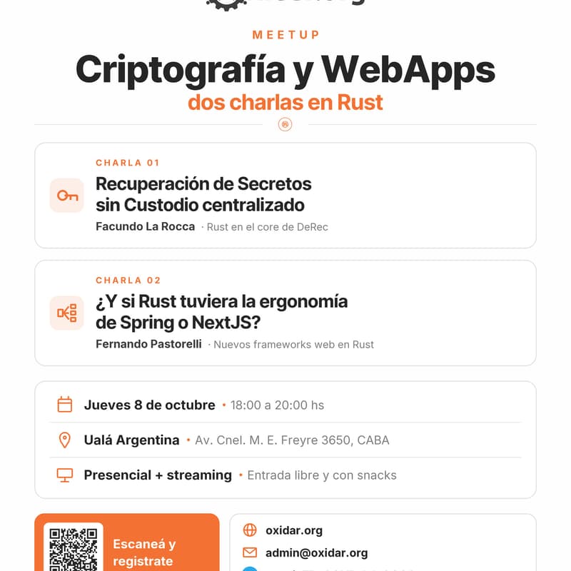 Cover Image for [Rust - MeetUp]: WebApp Ergonomics y Secretos Distribuidos by Oxidar.org.