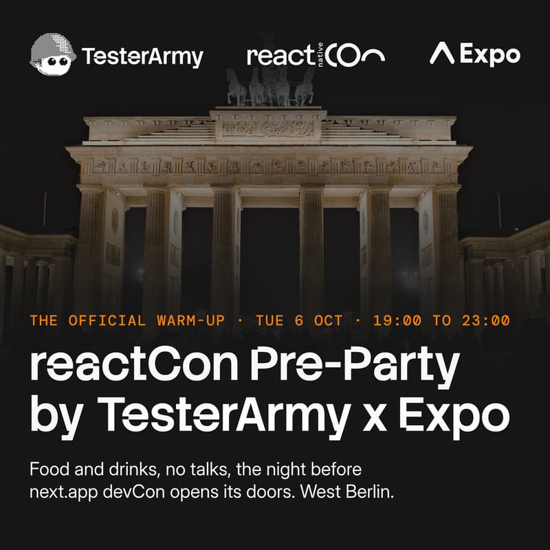 Cover Image for reactCon Pre-Party. The official warm-up, hosted by TesterArmy x Expo