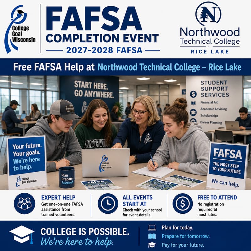 Cover Image for College Goal Wisconsin — Free FAFSA Help at Northwood Technical College (Rice Lake)