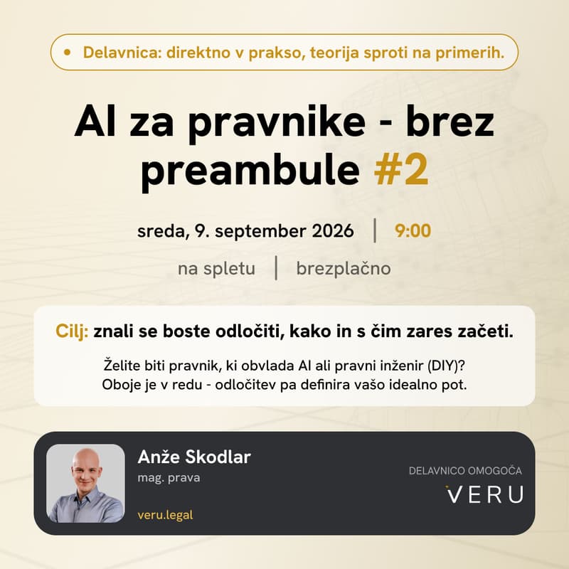 Cover Image for AI za pravnike: Kako zares začeti uporabljati AI pri vsakdanjem delu, sreda, 9.9. ob 9:00