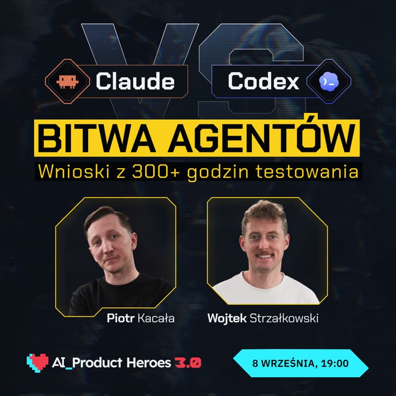 Obrazek w tle dla Claude (Code) vs. ChatGPT/Codex - który agent lepszy? Bitwa na żywo i wnioski ze 300+ godzin testowania | LIVE AI Product Heroes
