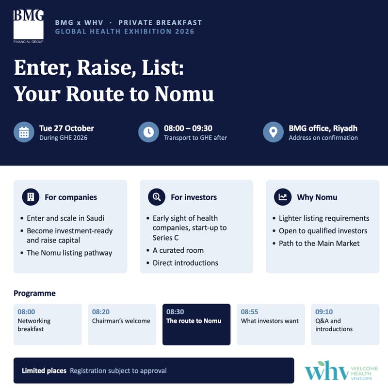 Cover Image for Enter, Raise, List: Your Route to Nomu | BMG x WHV Private Breakfast at Global Health Exhibition 2026