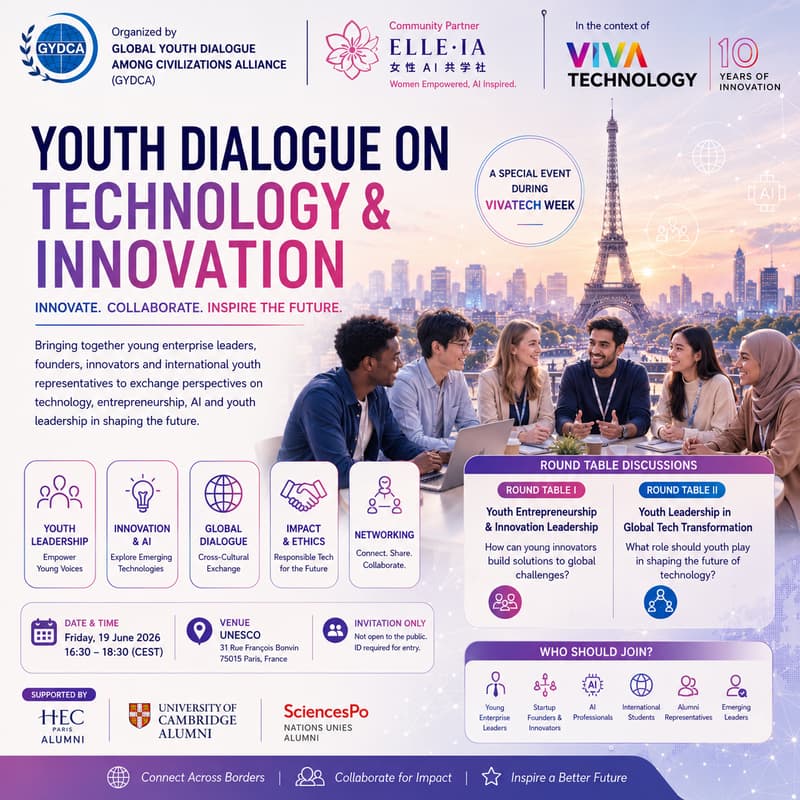 Cover Image for 🌍 Youth Dialogue on Technology & Innovation During VivaTech 2026 Week · Hosted by GYDCA & Community Partner: Elle·IA