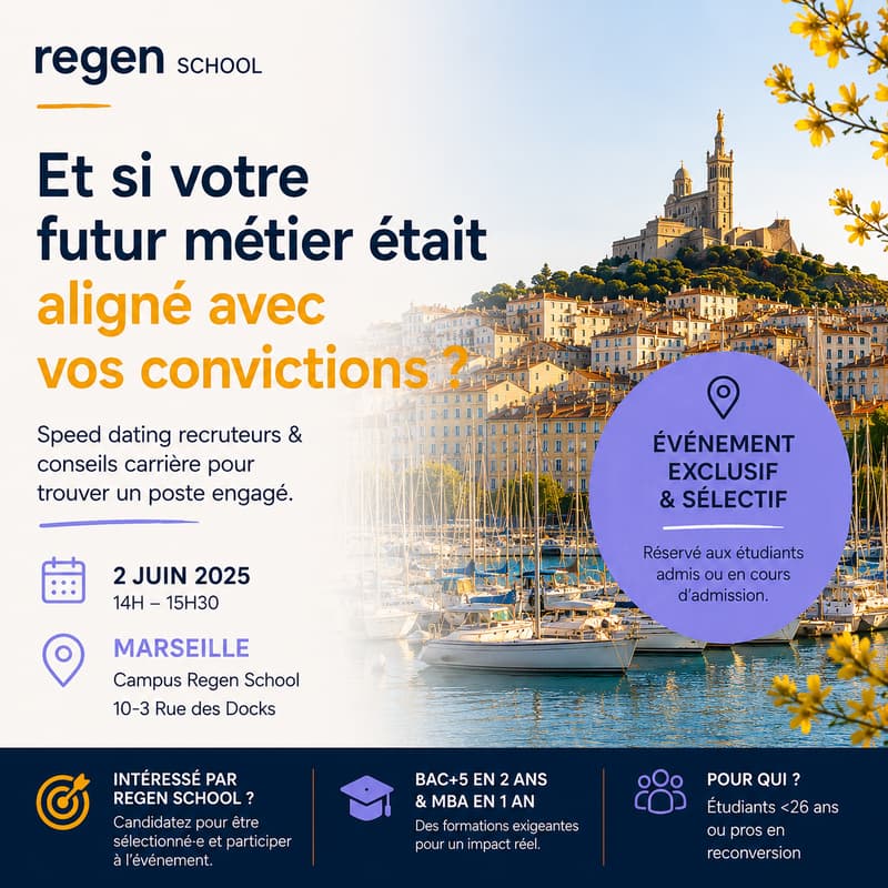 Cover Image for Regen School Marseille - Speed Dating Recruteurs - matchez un métier aligné avec vos convictions !