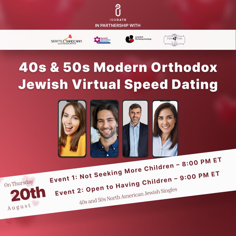 Cover Image for 40s & 50s Modern Orthodox Jewish Virtual Speed Dating (Not Seeking Children / Open to Children)