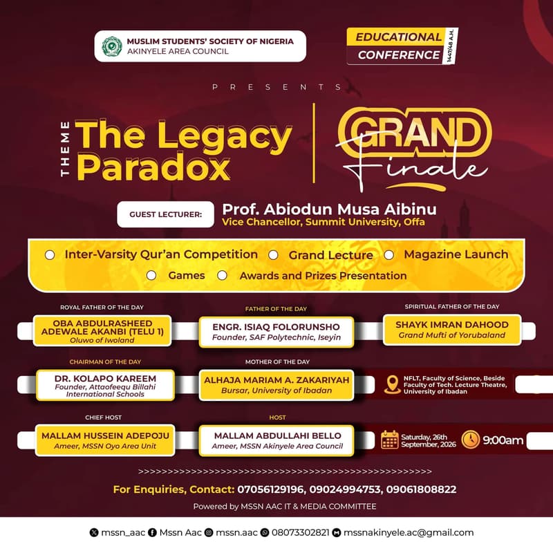 Cover Image for MUSLIM STUDENTS' SOCIETY OF NIGERIA, AKINYELE AREA COUNCIL, EDUCATIONAL CONFERENCE 1447/48 A.H. GRAND FINALE!!! ✨️🎉