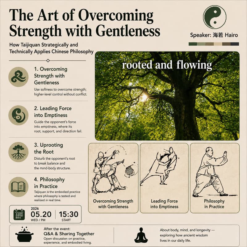 Cover Image for The Art of OvercomingStrength with Gentleness, Seminar for Taijiquan and Push Hands 太极拳与推手研讨会（Please sign up on sola）