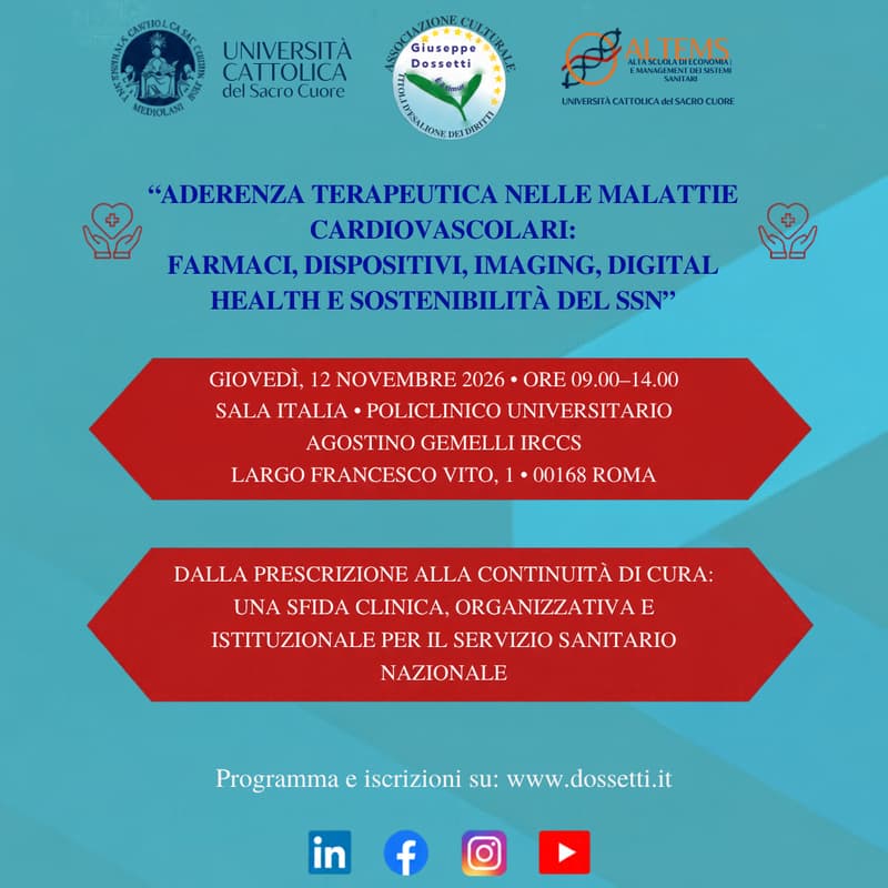 Cover Image for “Aderenza Terapeutica nelle Malattie Cardiovascolari: farmaci, dispositivi, imaging, digital health e Sostenibilità del SSN”