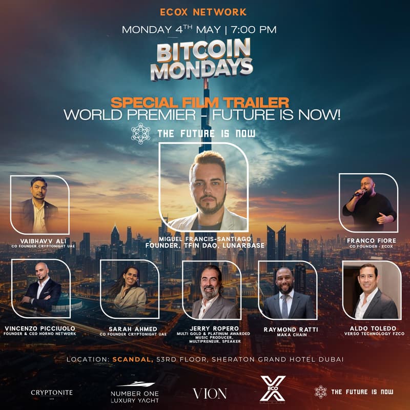 Cover Image for BitCoin Mondays by EcoX Network - Special Film Trailer World Premier - FUTURE IS NOW! Top Speaker Line Up!