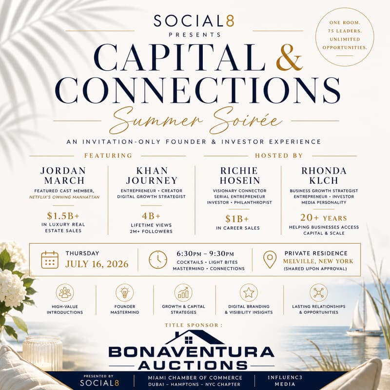 Cover Image for CAPITAL & CONNECTIONS Summer Soirée | A Curated Networking Experience Hosted by Jordan March & Khan Journey