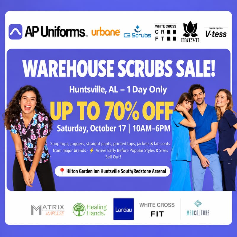 Cover Image for SCRUBS & UNIFORMS WAREHOUSE SALE โ UP TO 70% - Huntsville, AL - Saturday, October 17 | 10AM โ 6PM