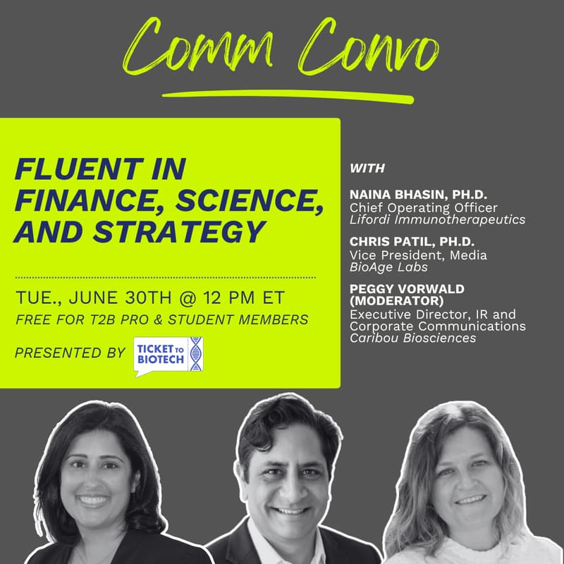 Cover Image for T2B June Comm Convo: Fluent in Finance, Science, and Strategy