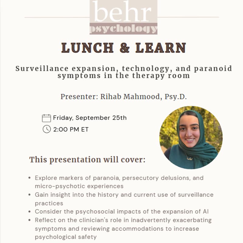 Cover Image for Behr Psychology Lunch & Learn with Rihab Mahmood, Psy.D.