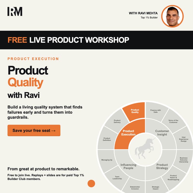 Cover Image for FREE LIVE with Ravi Mehta: Product Quality — Become a Top 1% Builder