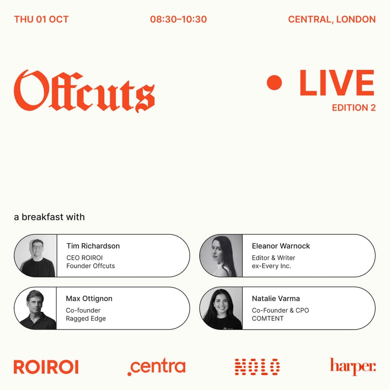 Cover Image for Offcuts Live - a breakfast with Tim Richardson, Eleanor Warnock, Max Ottignon & Natalie Varma