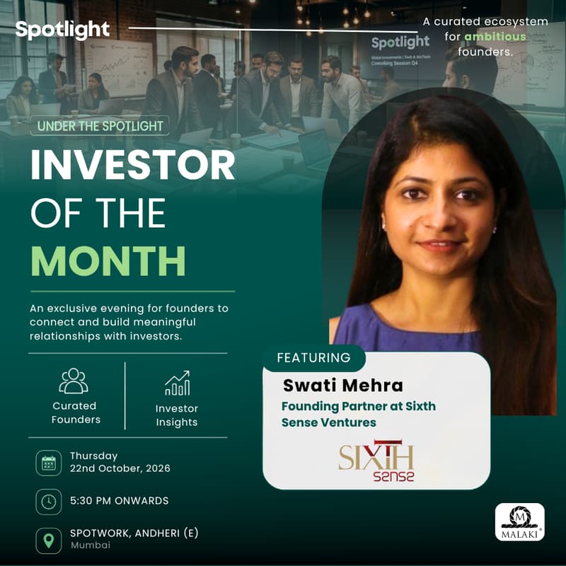 Cover Image for Investor of the Month featuring Swati Mehra, Founding Partner- Sixth Sense Ventures
