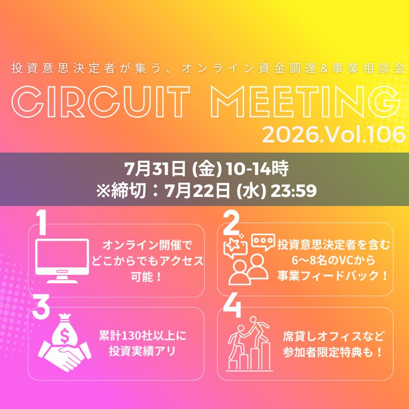 Cover Image for 7/22締切_Circuit Meeting Vol.106【オンライン資金調達&事業相談会】