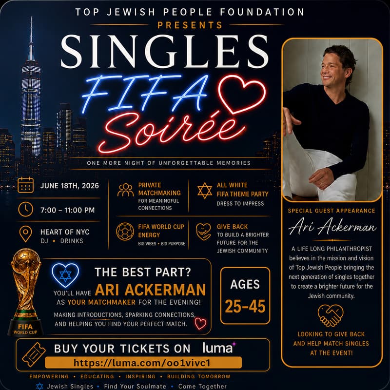 Cover Image for SINGLES FIFA SOIRÉE- White Party 🎉 Heart of NYC Supporting 1,000 Disadvantaged Youth in NY & Israel 💙🇮🇱