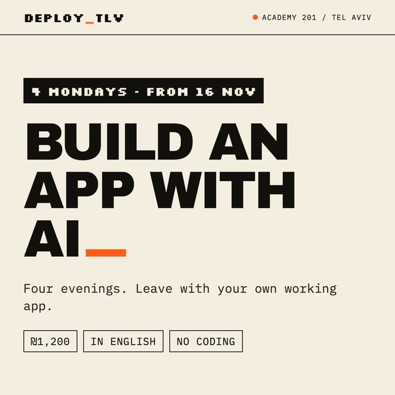 Cover Image for Build an App with Claude Code in 4 Evenings · English AI Course in Tel Aviv · Deploy Academy